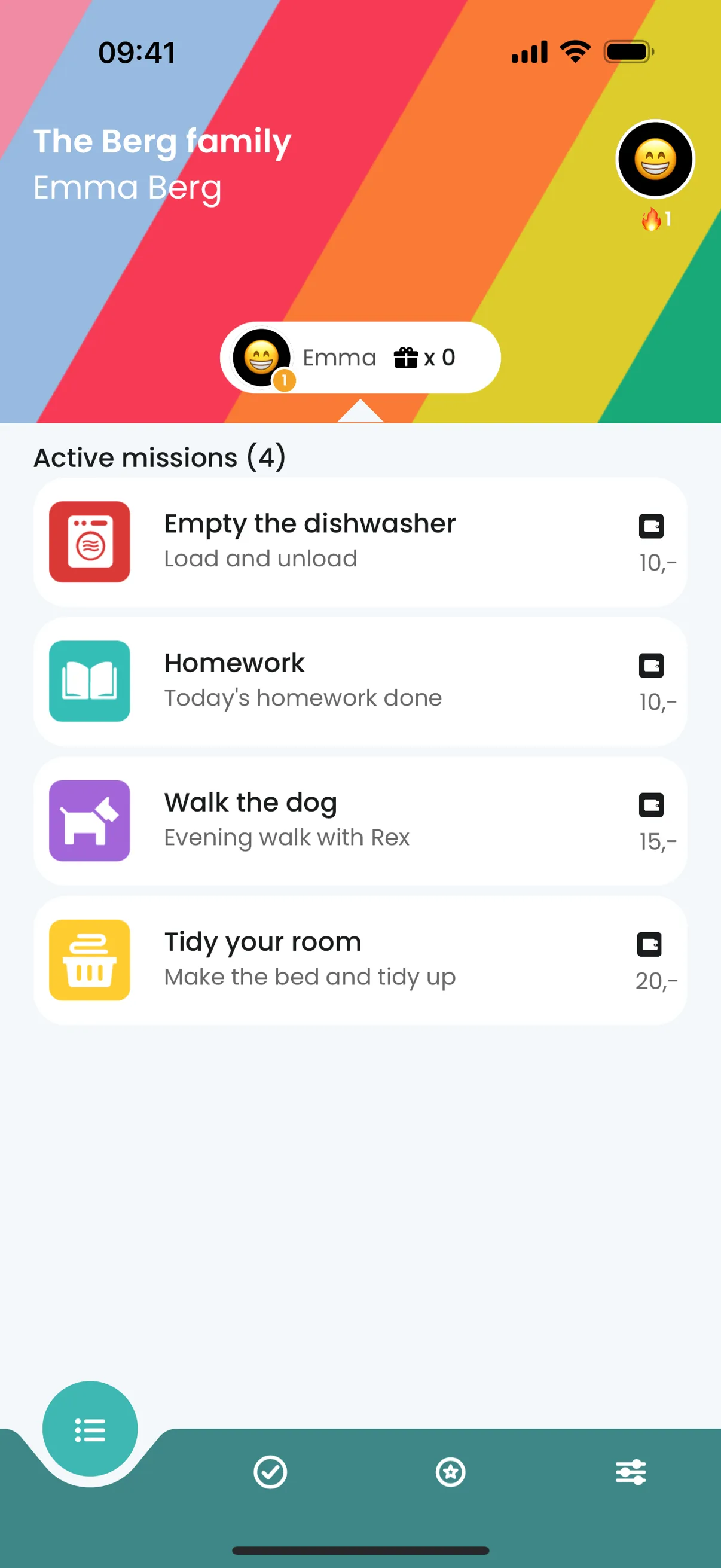 Ukelønn app shown on iPhone with chore list and colorful icons for everyday chores.