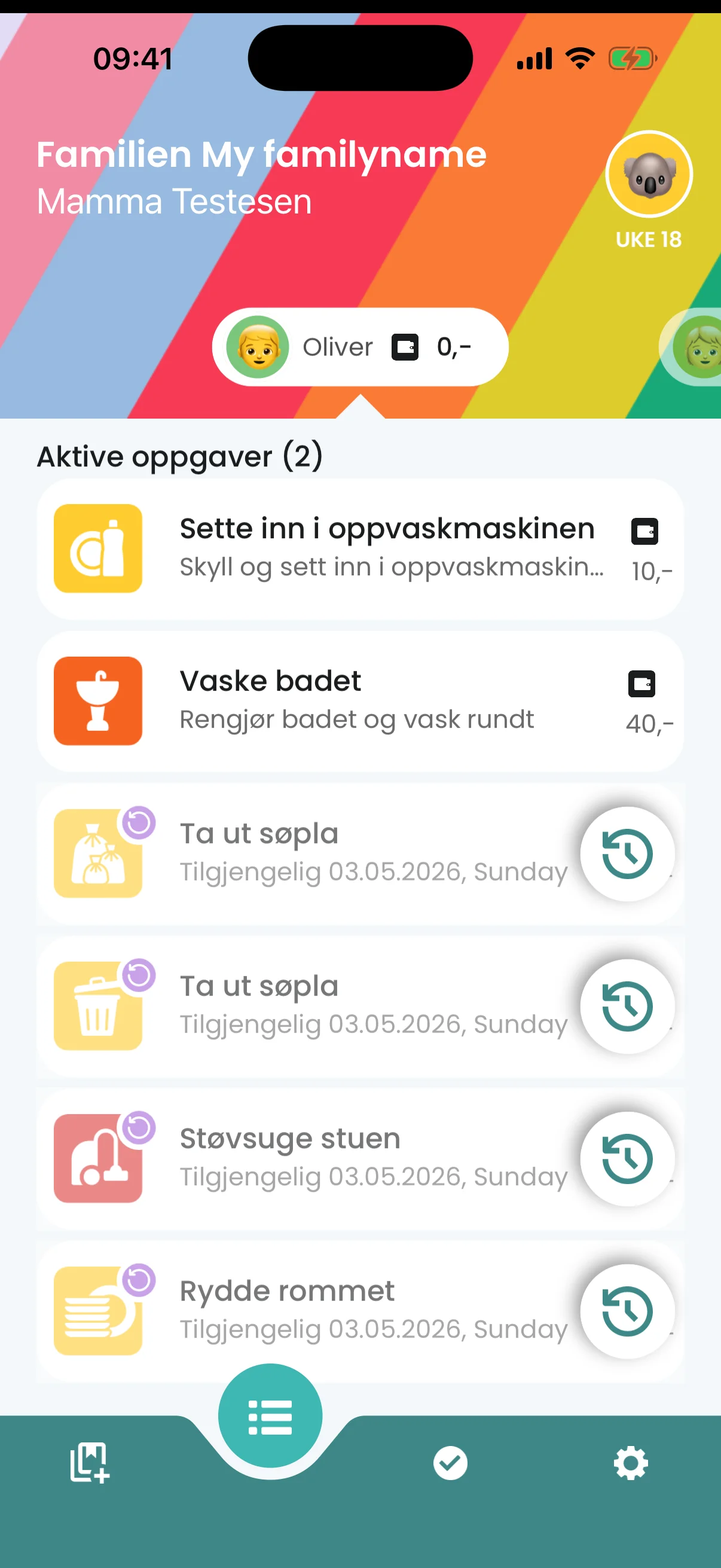 Ukelønn-appen vist på iPhone med oppdragsliste og fargerike ikoner for hverdagsoppdrag.