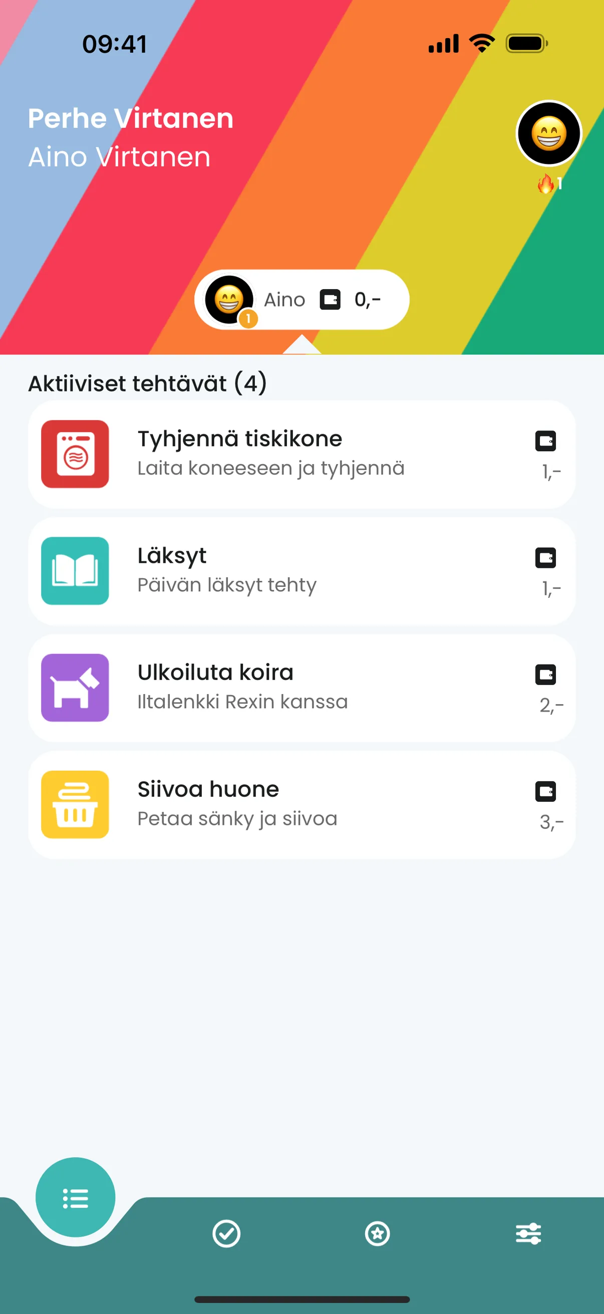 Viikkoraha-sovellus iPhonessa, jossa tehtävälista ja värikkäät kuvakkeet päivittäisille tehtäville.