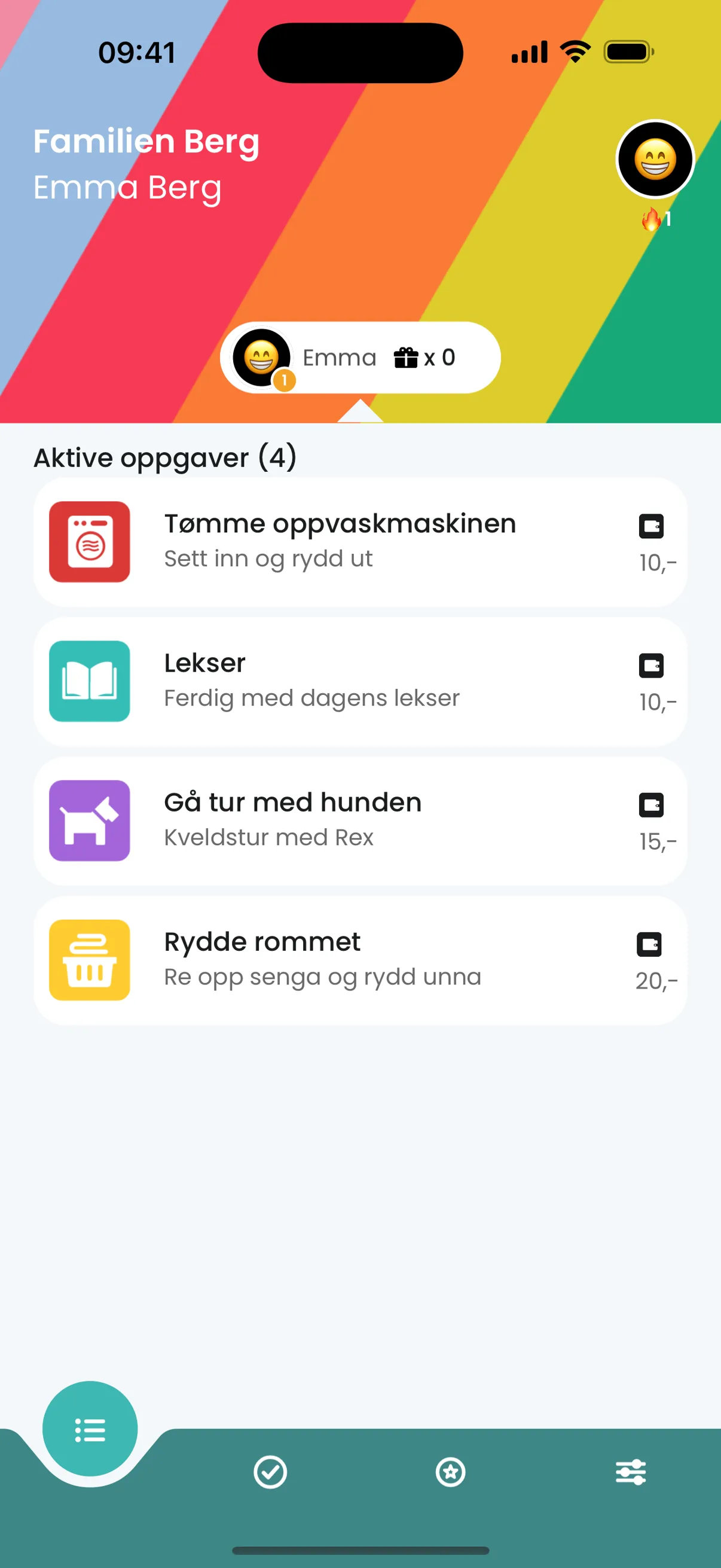 Ukelønn-appen vist på iPhone med oppdragsliste og fargerike ikoner for hverdagsoppdrag.