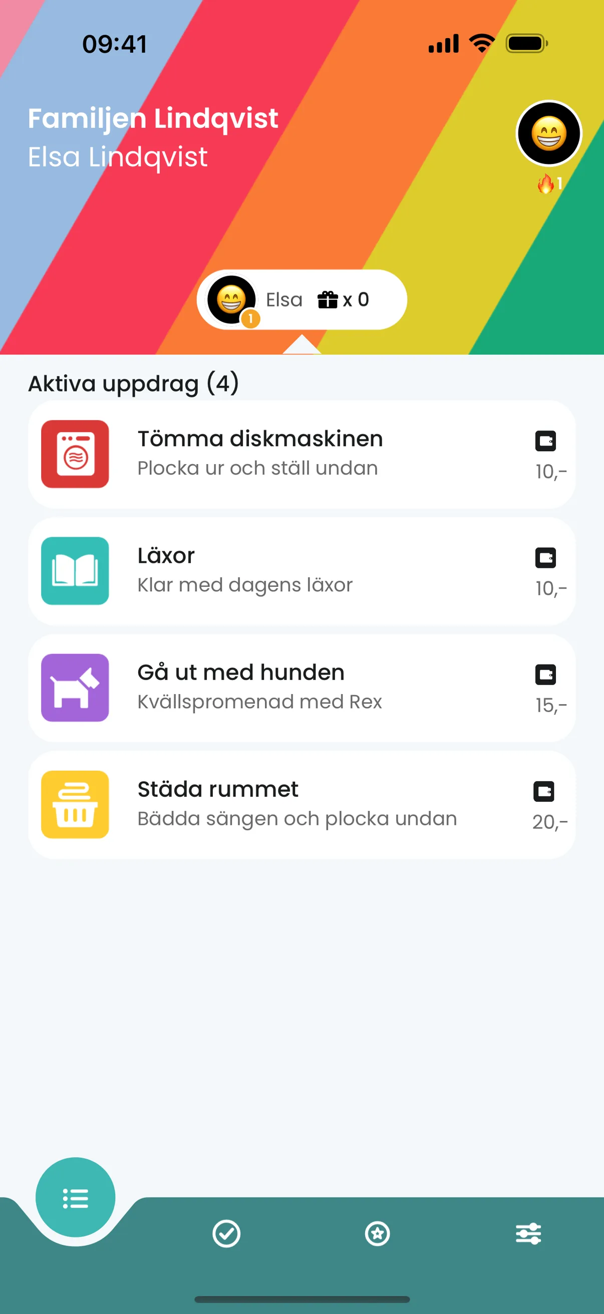 Veckopeng-appen på iPhone med uppdragslista och färgglada ikoner för dagliga uppdrag.